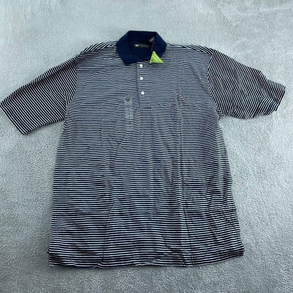 Wedge Mens Navy & White Striped Golf Polo Shirt L 100% Cotton NWT 3870